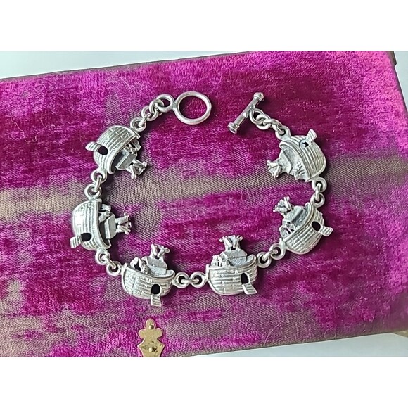 925 Sterling Silver Noah's Ark Toggle Closure Bracelet Vintage - Picture 1 of 10